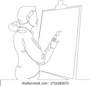 One continuous drawing line artist paints with a brush on canvas .Single hand drawn art line doodle outline isolated minimal illustration cartoon character flat