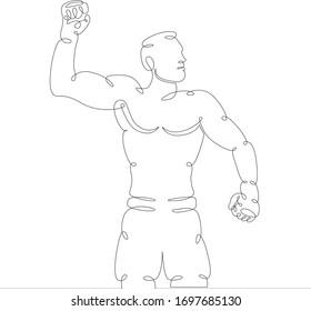 One continuous drawing line Athlete Boxer fighter with gloved hand, celebrates victory. Fights without rules . Mixed martial art combat sport fighting.Single hand drawn art line doodle outline flat