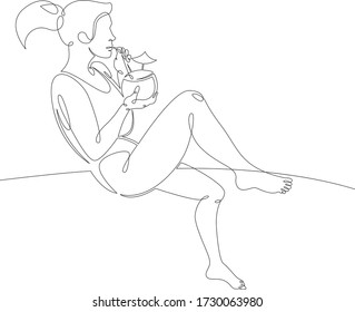 Una línea de dibujo continua y hermosa chica en bikini bebe un cóctel de coco. Vacaciones en la playa.Línea de arte dibujada con una sola mano delinear el perfil de doodle aislado ilustración mínima caricatura plana