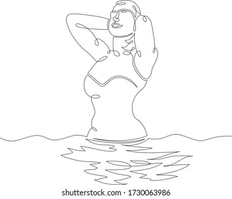 One Continuous Drawing Line Beautiful Girl In A Bikini Emerges From The Water. Beach Vacation.Single Hand Drawn Art Line Doodle Outline Isolated Minimal Illustration Cartoon Character Flat