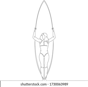Una línea de dibujo continua y hermosa chica en bikini se para con una tabla de surf. Vacaciones en la playa.Línea de arte dibujada con una sola mano delinear el perfil de doodle aislado ilustración mínima caricatura plana