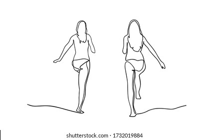 Una línea de dibujo continua recorre la playa de bonitas jóvenes vestidas con traje de baño. En las manos de una bufanda ondeando en el viento.Eslabón de doodle de una sola línea dibujada a mano ilustración mínima aislada