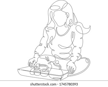 One continuous drawing line beautiful girl woman with long hair sits before a meal. Morning light breakfast. Hot drink coffee tea.Single hand drawn art line doodle outline isolated minimal flat