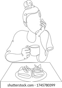 One continuous drawing line beautiful girl woman with long hair sits before a meal. Morning light breakfast. Hot drink coffee tea.Single hand drawn art line doodle outline isolated minimal flat
