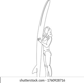 One continuous drawing line beautiful slim girl woman stands with a surfboard  .Single hand drawn art line doodle outline isolated minimal illustration cartoon character flat