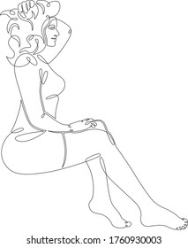 One continuous drawing line beautiful slim girl woman with long hair sits on the beach .Single hand drawn art line doodle outline isolated minimal illustration cartoon character flat