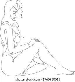 One continuous drawing line beautiful slim girl woman with long hair sits on the beach .Single hand drawn art line doodle outline isolated minimal illustration cartoon character flat