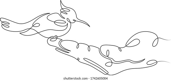 Un pájaro de línea de dibujo continua se sienta en la palma de la mano. Esquema de doodle de línea dibujada a mano aislado ilustración mínima caricatura personaje plano