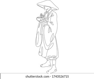 One continuous drawing line buddhist monk in hat .Single hand drawn art line doodle outline isolated minimal illustration cartoon character flat