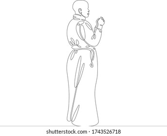 One continuous drawing line buddhist monk pray .Single hand drawn art line doodle outline isolated minimal illustration cartoon character flat