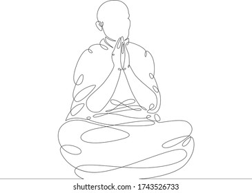 One continuous drawing line buddhist monk pray .Single hand drawn art line doodle outline isolated minimal illustration cartoon character flat