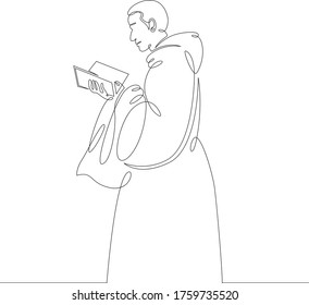 One continuous drawing line catholic monk in cassock reads bible .Single hand drawn art line doodle outline isolated minimal illustration cartoon character flat