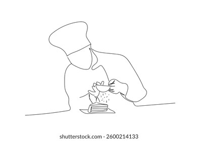 One continuous drawing line confectioner. One continuous drawing line pastry chef cooks cake in the kitchen.Single hand drawn art line doodle outline   Hand made vector not Al 