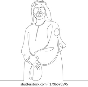 One continuous drawing line eastern male arab in national costume kandura .Single hand drawn art line doodle outline isolated minimal illustration cartoon character flat