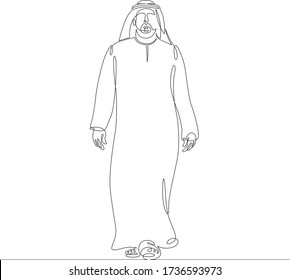 One continuous drawing line eastern male arab in national costume kandura .Single hand drawn art line doodle outline isolated minimal illustration cartoon character flat