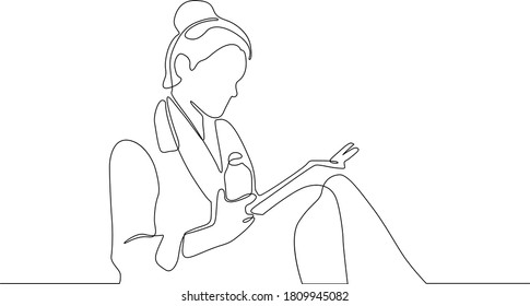 One continuous drawing line female character reads a book. Concept of education and training .Single hand drawn art line doodle outline isolated minimal illustration 