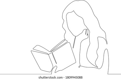 One continuous drawing line female character reads a book. Concept of education and training .Single hand drawn art line doodle outline isolated minimal illustration 