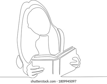 One continuous drawing line female character reads a book. Concept of education and training .Single hand drawn art line doodle outline isolated minimal illustration 