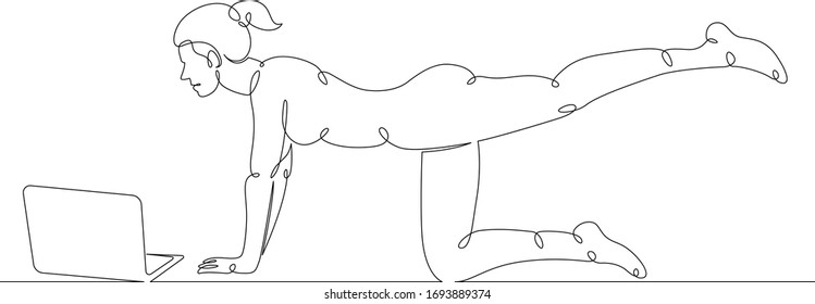One continuous drawing line girl is engaged in fitness yoga on a laptop online. Quarantine coronavirus pandemic .Single hand drawn art line doodle outline isolated minimal  cartoon character flat