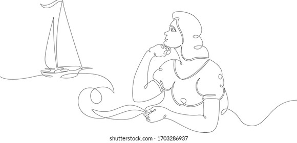 One continuous drawing line The girl in the dress is dreaming. A sailboat ship is floating on the waves. Girlish dreams .Single hand drawn art line doodle outline isolated minimal character flat