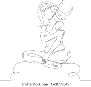 One continuous drawing line girl goes in for sports, relaxation,rest.Female character sitting on a stone.Single hand drawn art line doodle outline isolated minimal  illustration cartoon character flat