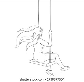 One continuous drawing line girl with long hair swinging on teeterboard swing .Single hand drawn art line doodle outline isolated minimal illustration cartoon character flat