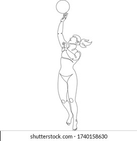 One continuous drawing line girl female character athlete playing beach volleyball .Single hand drawn art line doodle outline isolated minimal illustration cartoon character flat