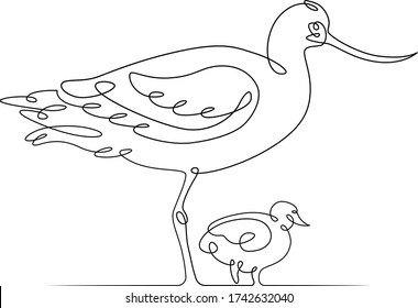 One continuous drawing line heron bird with chick stands in the water .Single hand drawn art line doodle outline isolated minimal illustration cartoon character flat