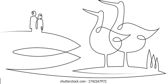 One continuous drawing line landscape two birds on the lake, symbol of a couple in love .Single hand drawn art line doodle outline isolated minimal illustration cartoon character flat