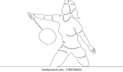 One continuous drawing line logo girl  woman athlete playing badminton .Single hand drawn art line doodle outline isolated minimal illustration cartoon character flat