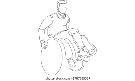Un logotipo de línea de dibujo continua de un hombre discapacitado en silla de ruedas. Eslabón de doodle de línea de arte dibujado a mano aislado.  Ilustración mínima caricatura plana