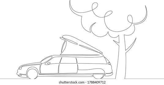 One continuous drawing line logo car caravan, travel trailer, camper,camper trailer .Single hand drawn art line doodle outline isolated minimal illustration cartoon character flat