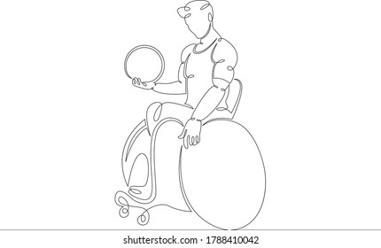 One Continuous Drawing Line Logo Disabled Man Athlete In A Wheelchair With A Ball In His Hand. Paralympic Sport Basketball Volleyball  .Single Hand Drawn Art Line Doodle Outline Isolated Minimal 