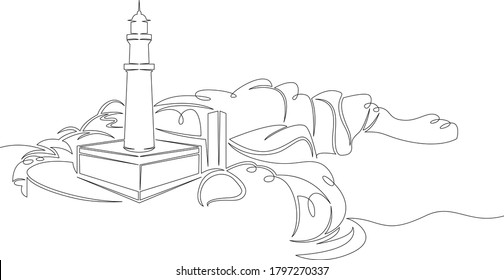One continuous drawing line logo beautiful mountain landscape panorama with sea shore and ancient lighthouse  .Single hand drawn art line doodle outline isolated minimal illustration