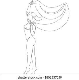 One continuous drawing line logo portrait of beautiful woman with developing long shawl scarf.Single hand drawn art line doodle outline isolated minimal illustration cartoon character flat