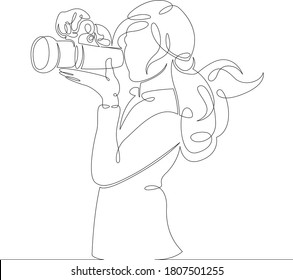 One continuous drawing line logo portrait the girl is shooting on a photo camera .Single hand drawn art line doodle outline isolated minimal illustration cartoon character flat