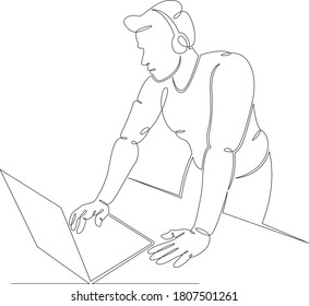 One continuous drawing line logo portrait young hipster dj in headphones with laptop .Single hand drawn art line doodle outline isolated minimal illustration cartoon character flat
