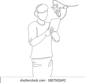 One continuous drawing line logo portrait young announcer actor singer record sound on microphone in studio .Single hand drawn art line doodle outline isolated minimal illustration cartoon character