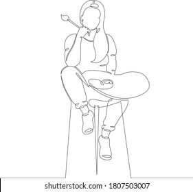 One continuous drawing line logo portrait young woman artist with palette and brush sits on bar stool .Single hand drawn art line doodle outline isolated minimal illustration cartoon character flat
