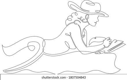 Eine fortlaufende Zeichnungslinie Logo porträtiert junge Frau in einem großen Hut schreibt ein Gedichtbuch, das liegt .Einmalige handgezeichnete Kunstlinie doodle Umriss isolierte minimale Illustrationscartoon Charakter flach