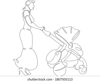 One continuous drawing line logo portrait a young woman in a dress is driving a baby carriage .Single hand drawn art line doodle outline isolated minimal illustration cartoon character flat