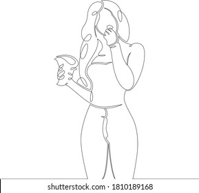 One continuous drawing line logo portrait woman girl eating chips food from the package.Single hand drawn art line doodle outline isolated minimal illustration cartoon character flat