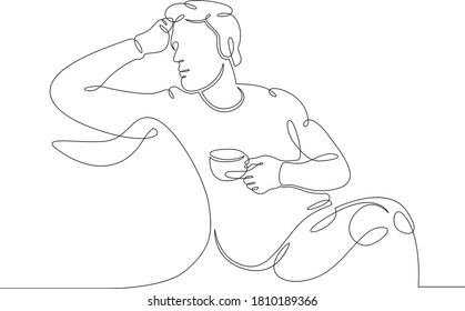 Un retrato de un hombre tomando café mientras se sienta en los cojines del sofá con el logotipo de una línea de arte dibujada a mano Esquema de doodle de ilustración aislado mínimo personaje de dibujos animados plano