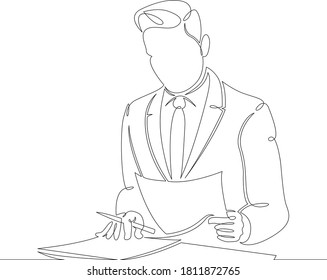 One continuous drawing line logo portrait young male announcer in studio reads text .Single hand drawn art line doodle outline isolated minimal illustration cartoon character flat