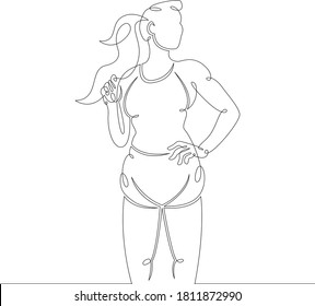 One continuous drawing line logo portrait young woman in sports uniform sportswear  with luxurious hair .Single hand drawn art line doodle outline isolated minimal illustration cartoon character flat
