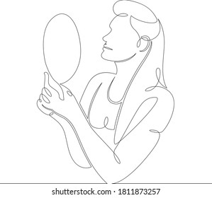 One continuous drawing line logo portrait young woman looks in hand mirror  Single hand drawn art line doodle outline isolated minimal illustration cartoon character flat