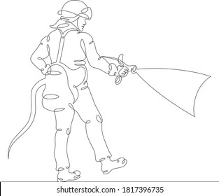 One continuous drawing line logo firefighter fireman rescuer in uniform and helmet at work .Single hand drawn art line doodle outline isolated minimal illustration cartoon character flat