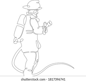 One continuous drawing line logo firefighter fireman rescuer in uniform and helmet at work .Single hand drawn art line doodle outline isolated minimal illustration cartoon character flat