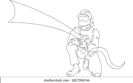 One continuous drawing line logo firefighter fireman rescuer in uniform and helmet at work .Single hand drawn art line doodle outline isolated minimal illustration cartoon character flat