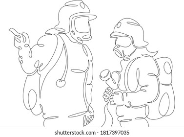 One continuous drawing line logo firefighter fireman rescuer in uniform and helmet at work .Single hand drawn art line doodle outline isolated minimal illustration cartoon character flat